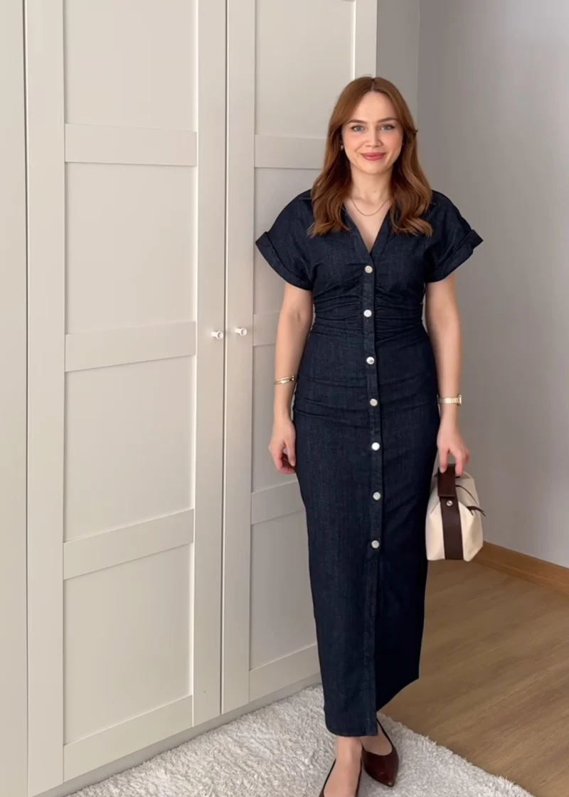ETJ 2025 traf Spring New 1975 series denim MIDI dress with lapel side zipper fashion wrinkle waist slim elegant dress - Image 2