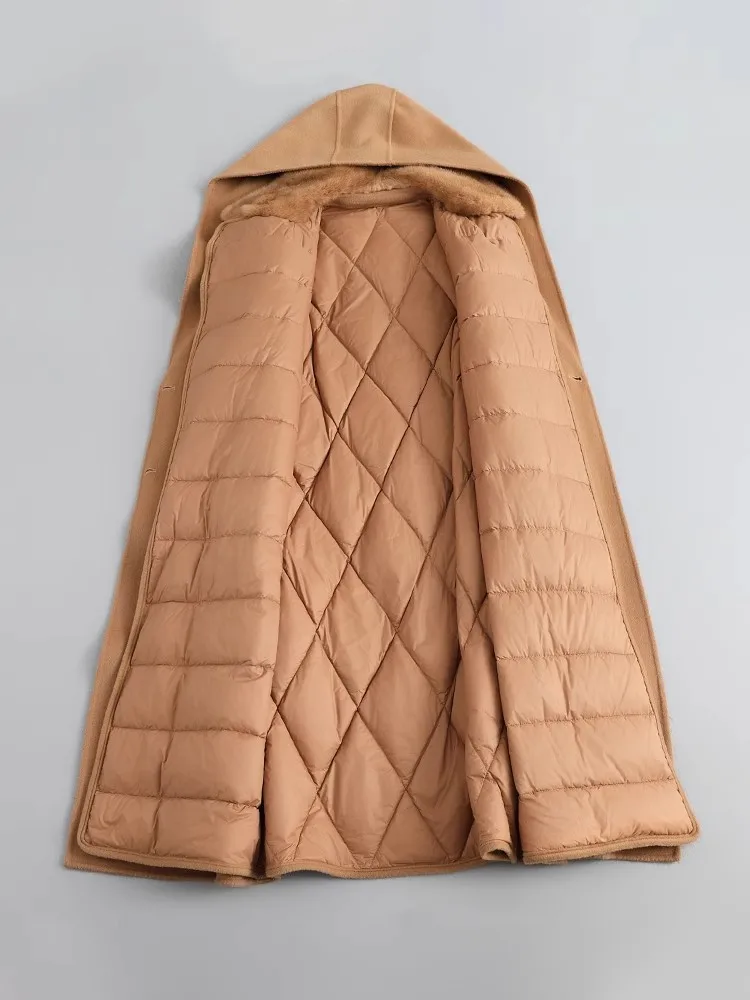 Women White Goose Down Thicken Double-Faced Woolen Fur Mid-Length Long Mink Fur Slimming Cashmere Down Jacket Hoodie Coat Hooded - Image 2