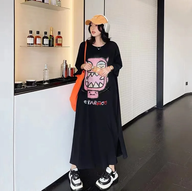 Summer New Loose Fit Printed ort Sve round Ne Dr Cartoon Anime Commute Sle Korean Version H pe Long Dr - Image 3