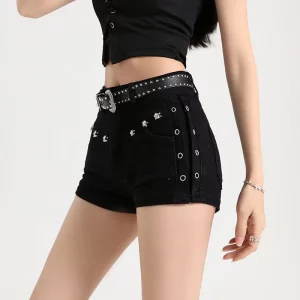 Summer Y2k Sexy Low Waist Mini Denim Shorts Women Vintage Korean Popular Girls Slight Strech Streetwear Gothic Rivet Black Jeans