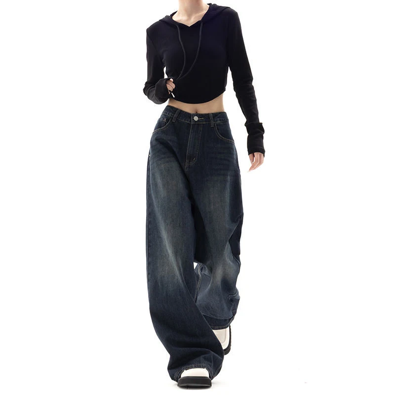 Retro Street Style Wide Leg Pants Niche Design Floor Length Pants High Waisted Loose Fit Slimming Jeans For Women