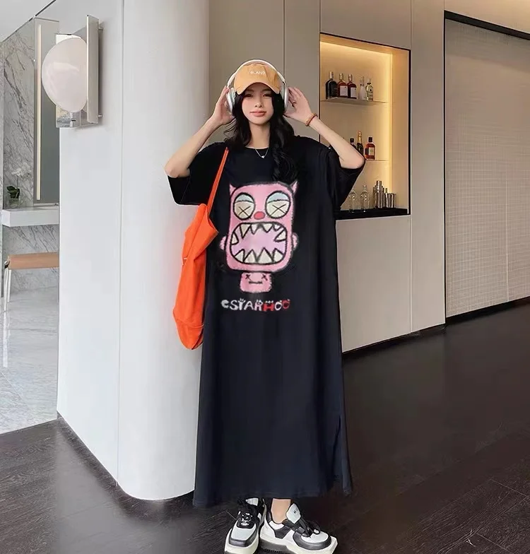 Summer New Loose Fit Printed ort Sve round Ne Dr Cartoon Anime Commute Sle Korean Version H pe Long Dr - Image 4