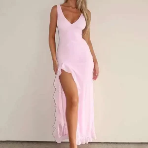 Avrilyaan Ruffle High Split Sexy Dress Women 2024 Robes Elegant Evening Summer Dress Backless Party Long Midi Dress Vestidos