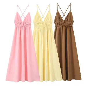 MYST&ZA2025 summer new women's casual fashion simple sexy backless pleated drape V-neck suspender midi dress