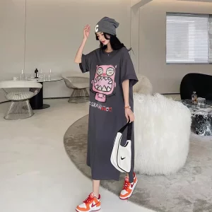 Summer New Loose Fit Printed ort Sve round Ne Dr Cartoon Anime Commute Sle Korean Version H pe Long Dr
