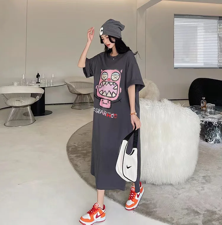 Summer New Loose Fit Printed ort Sve round Ne Dr Cartoon Anime Commute Sle Korean Version H pe Long Dr