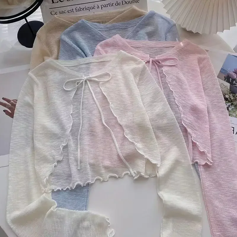 Summer Sun Protection Ice Silk Knitted Short Cardigan Women's Outerwear with Strap Vest Thin Air Conditioner Shirt Coat - Image 2