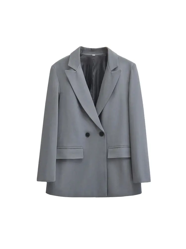 TRZA-Women's Double Breasted Office Wear Blazer Coat, Long Sleeve, Flap Pockets, Female Outerwear, Chic Tops, Fashion - Image 2