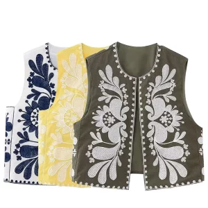 TRAFZA Women Floral Embroidered Vest Top Summer Casual Vintage Y2k Cardigan Waistcoat Woman Chic Loose Outerwear Vsets
