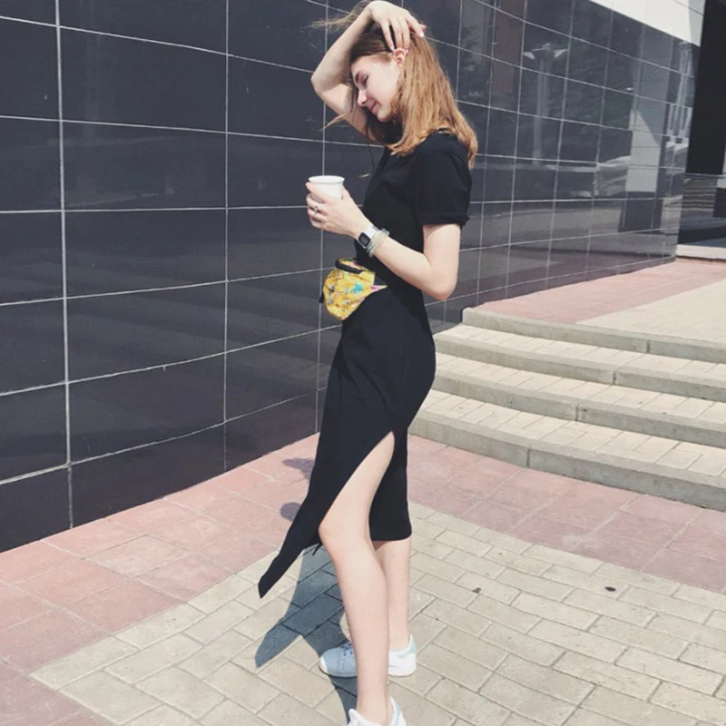 Summer Korean Style Midi Dress Women Casual Black Long Dresses Short Sleeve Sexy Plus Size Side Open Party Maxi T Shirt Dress - Image 4