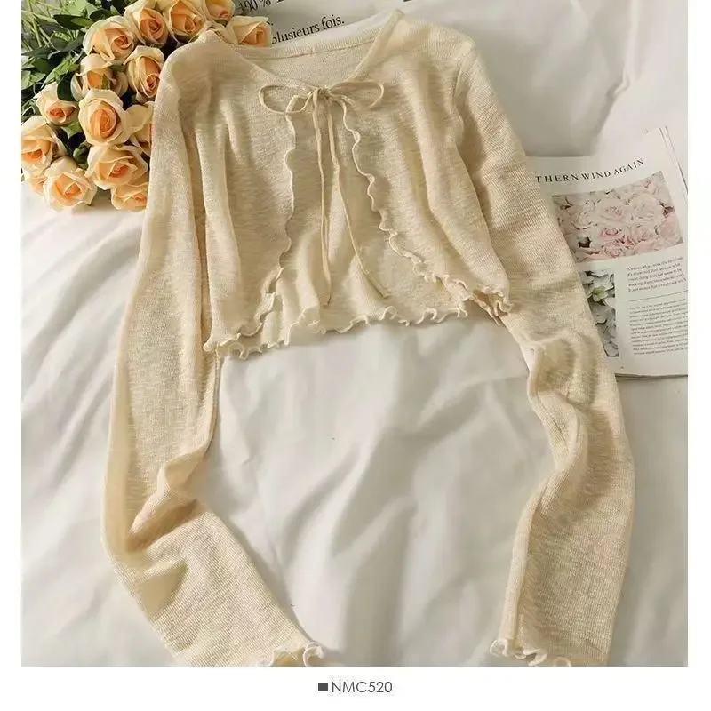 Summer Sun Protection Ice Silk Knitted Short Cardigan Women's Outerwear with Strap Vest Thin Air Conditioner Shirt Coat - Image 3