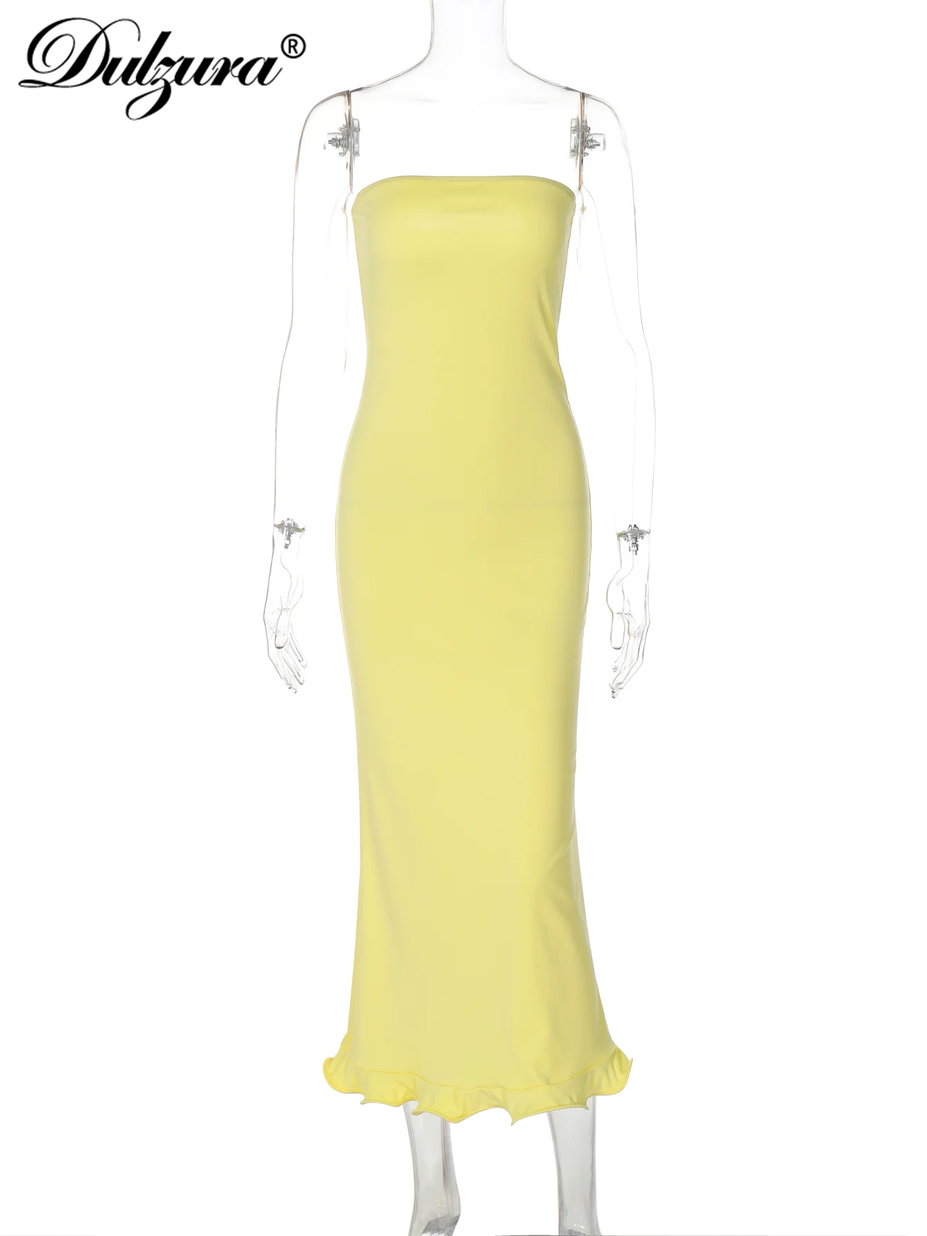 Dulzura Sleeveless Ruffles Patchwork Strapless Bodycon Midi Dress Women'S Solid Sexy Outfit Party Clubwear For Autumn Winter - Image 6