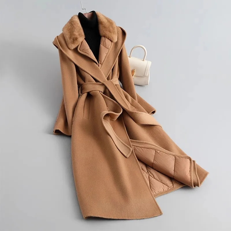 Women White Goose Down Thicken Double-Faced Woolen Fur Mid-Length Long Mink Fur Slimming Cashmere Down Jacket Hoodie Coat Hooded - Image 6