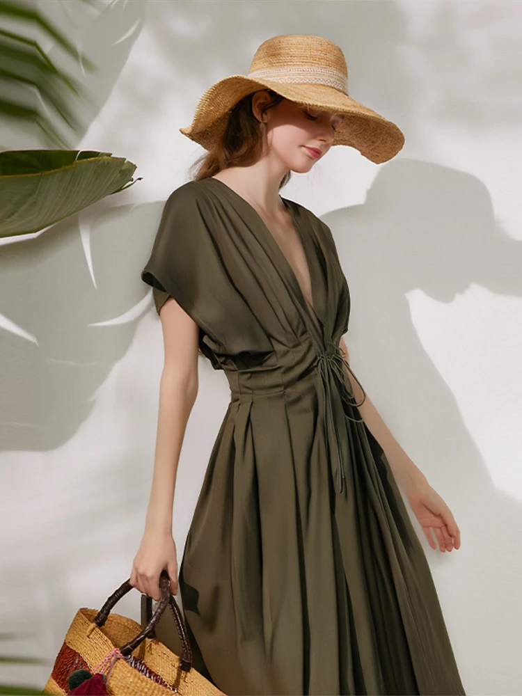 Summer Pleated A-line Midi Dress Women's Casual Lace Up Loose High Waist Solid Robes 2025 Office Lady Commute Street Vestidos - Image 5