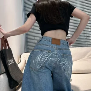High Waist Wide Leg Jeans Women's Loose Floor-Length Diamond-Encrusted Straight Cut Bootcut Denim Pants Spring Summer