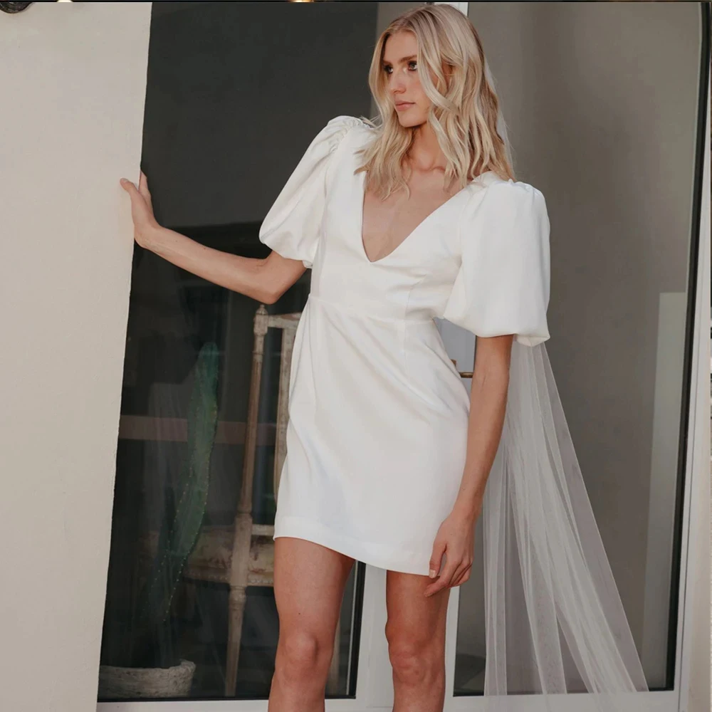 XIXI Wedding Party Dress A-Line V-Neck Short Satin Zipper Up Long Sleeves Elegant Party Dresses For Women 2024 Formal Occasion