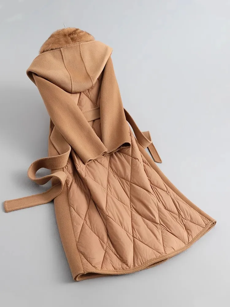 Women White Goose Down Thicken Double-Faced Woolen Fur Mid-Length Long Mink Fur Slimming Cashmere Down Jacket Hoodie Coat Hooded - Image 3