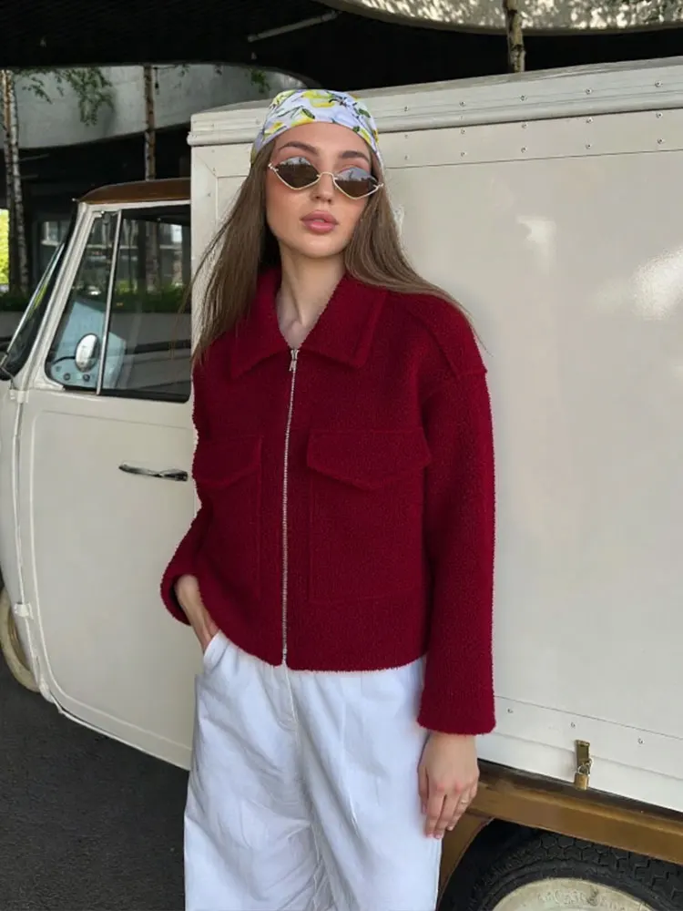 TRAFZA Women Outerwear Grey Coats With Pockets Turn-Down Collar Long Sleeve Zipper Jacket Fashion Woman High Street Lady Outfits - Image 3