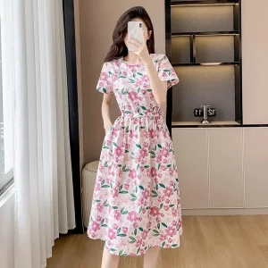 Chic Mid-Length Summer Dress Women's Short Sleeve Floral Print Loose Slimming Elegant Skirt Chinese Brand Fashionable Dress