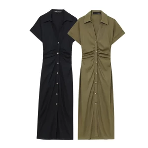 ETJ 2025 Spring/Summer New TRAF Women's elegant holiday style refreshing and comfortable short-sleeved V-neck MIDI dress