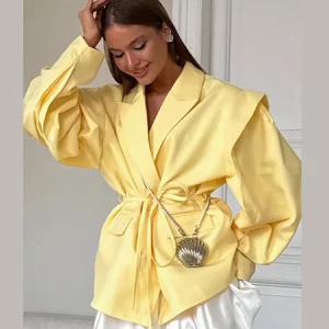 Lace Up Shoulder Pad Blazer Coat Women Elegant Turn-down Collar Long Sleeve Pockets Slim Fit Coats Chic Ladies Commute Outerwear
