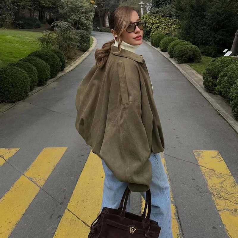 MUJER 2025 Suede Bomber Jackets for Women Outerwears Oversized Jacket Woman Streetwear Zip Women's Coats Padded Varsity Jackets - Image 2