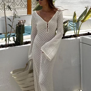 Sexy Women White Long Knit Sleeve Bikin Fashion Cover up Female See-Through Deep V-Neck Hollow-Out Beach Knitwear Backless Dress