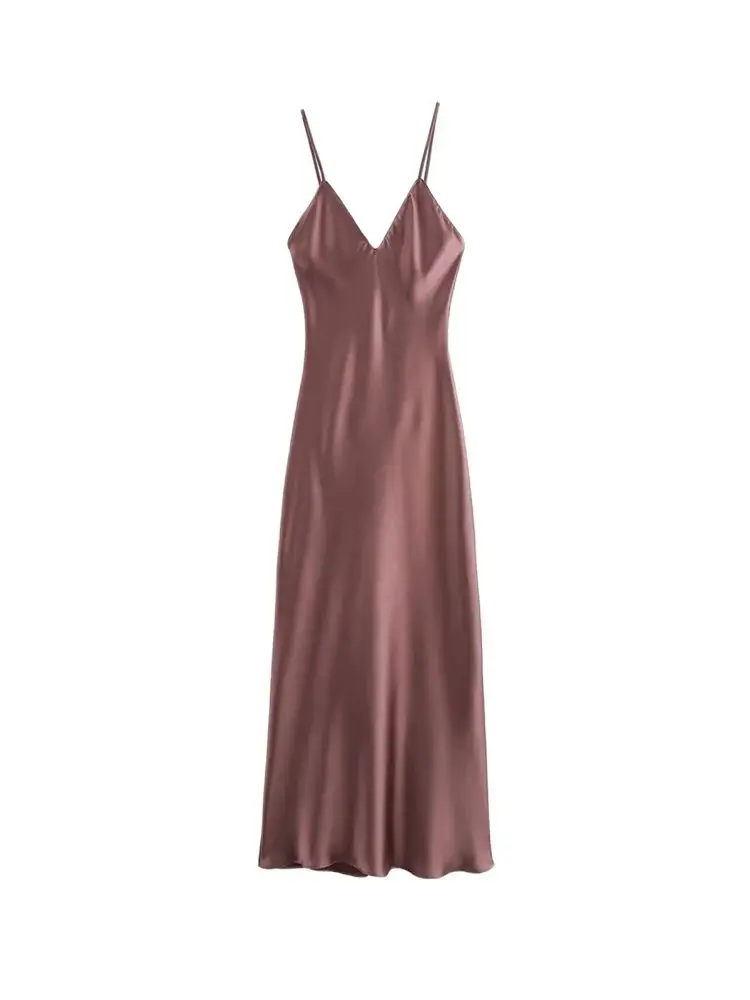 TRZA-Women's Satin Midi Dress, V Neck, Thin Straps, Backless, Female Dresses, Sexy Fashion - Image 2