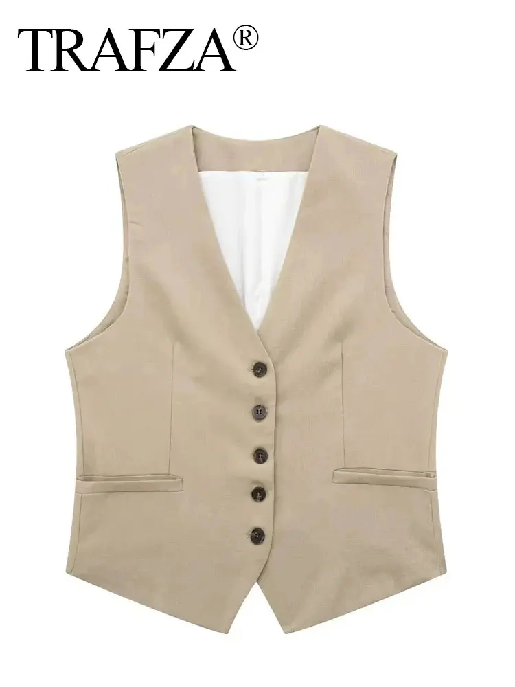 TRAFZA Women's Fashion Solid Vest Top Vintage V Neck Button Loose Casual Vests Summer Y2K Woman Streetwear Chic Tops Outerwear - Image 5
