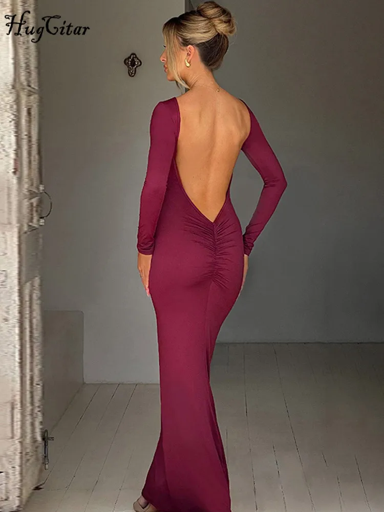 Hugcitar Spring Elegant Long Sleeve Backless Solid Cuched Sexy Bodycon Maxi Prom Dress Women Outfit Evening Party Festival Y2K - Image 3