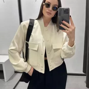 TRZA Women Fashion With Pockets Bomber Jacket Coats Vintage Long Sleeve Front Button Casual Female Outerwear Chic Tops