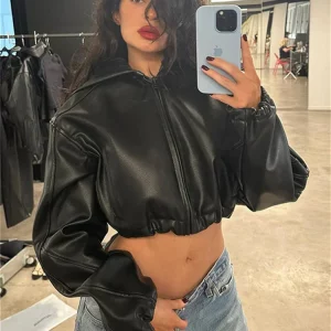 Fall Zipper Jackets for Women Loose Faux Pu Leather Crop Tops Coats Varsity Bomber Long Sleeve Hoodie Black Jackets