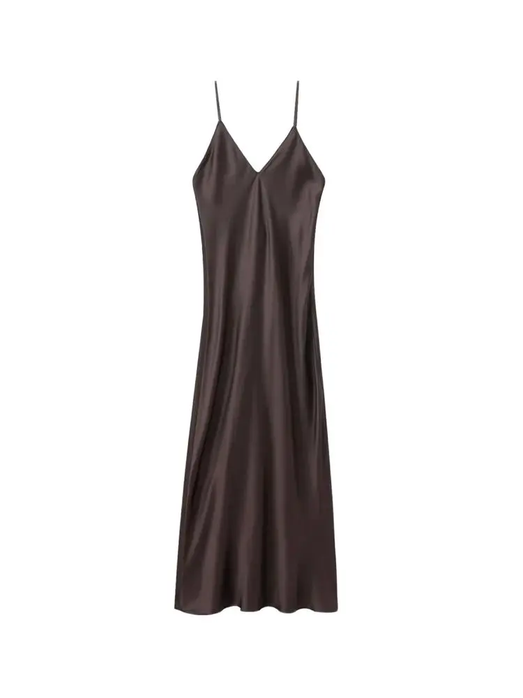 TRZA-Women's Satin Midi Dress, V Neck, Thin Straps, Backless, Female Dresses, Sexy Fashion - Image 4