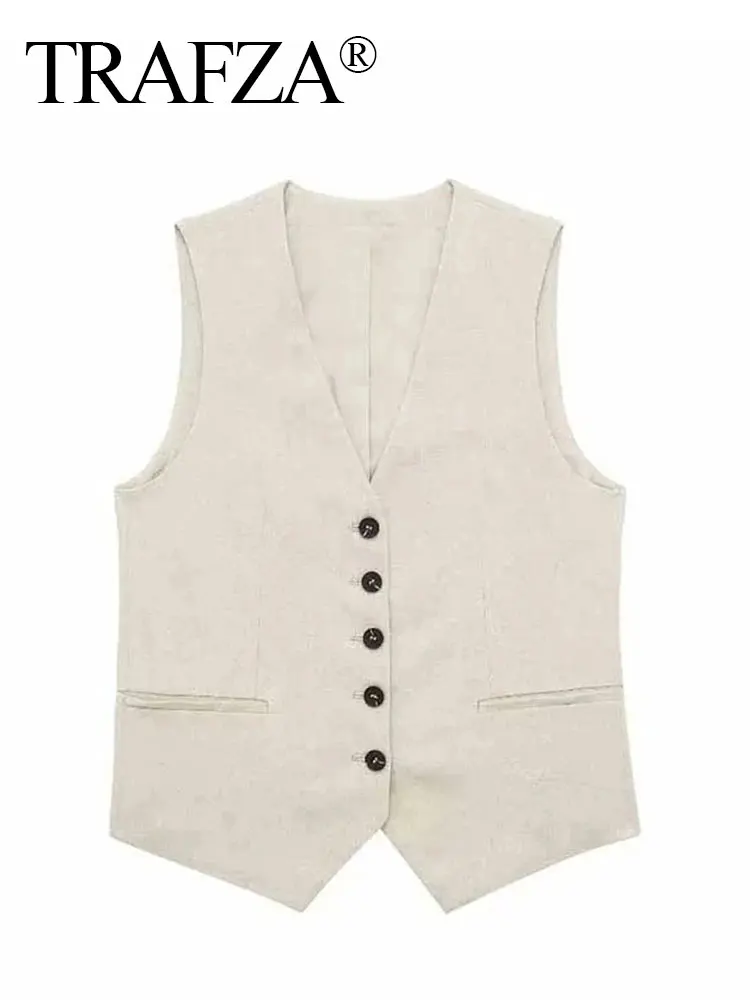 TRAFZA Women's Fashion Solid Vest Top Vintage V Neck Button Loose Casual Vests Summer Y2K Woman Streetwear Chic Tops Outerwear - Image 4