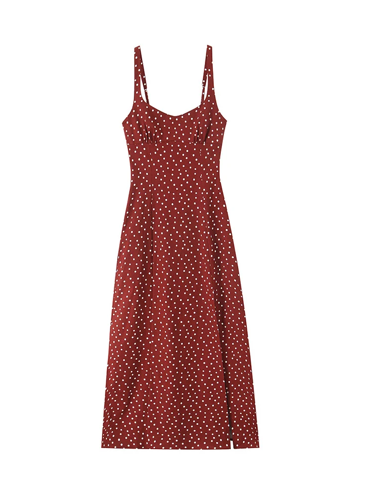 TFMLN 2025 Women Slit Sling Dress Casual Retro French Style Dot Printed Spaghetti Strap Midi Dress Female Fashion Summer New - Image 2