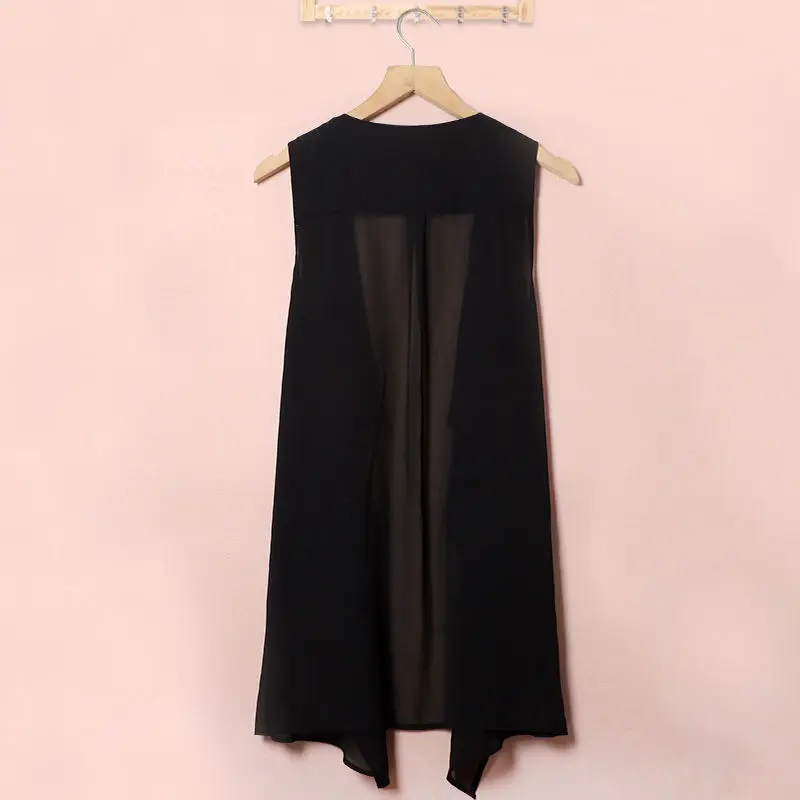Chiffon Vests Women Holiday Street Solid Black Sweet Thin Summer All-match Fairy Outerwear Sexy Long Draped Open Stitch Vintage - Image 3