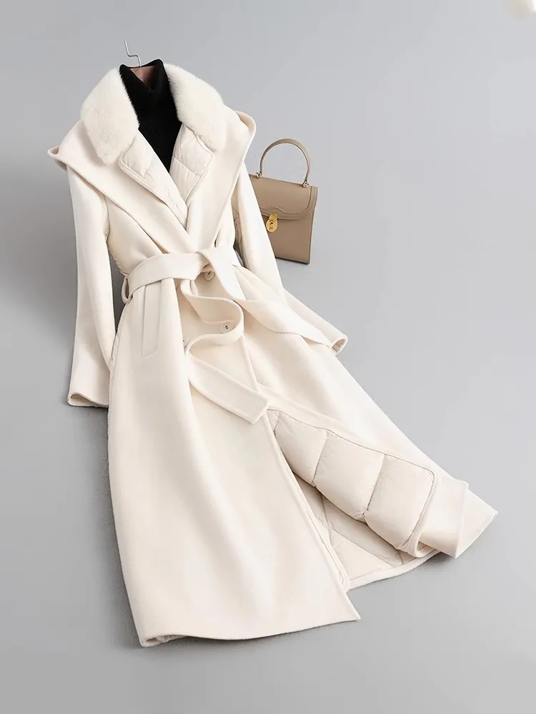 Women White Goose Down Thicken Double-Faced Woolen Fur Mid-Length Long Mink Fur Slimming Cashmere Down Jacket Hoodie Coat Hooded - Image 5