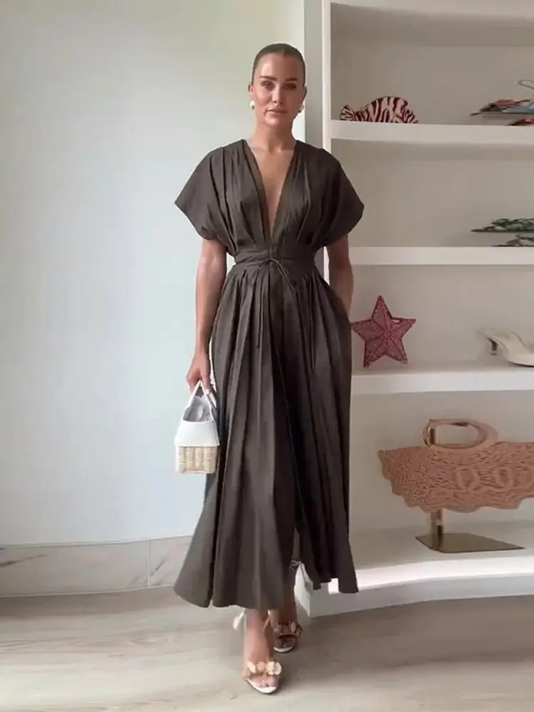 Summer Pleated A-line Midi Dress Women's Casual Lace Up Loose High Waist Solid Robes 2025 Office Lady Commute Street Vestidos - Image 4