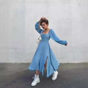 Fashion New Spring Summer Square Collar A Line Maxi Dress 2025 Women's Elegant Slim Lace-up Dress Sexy Slit Midi Dresses Robe