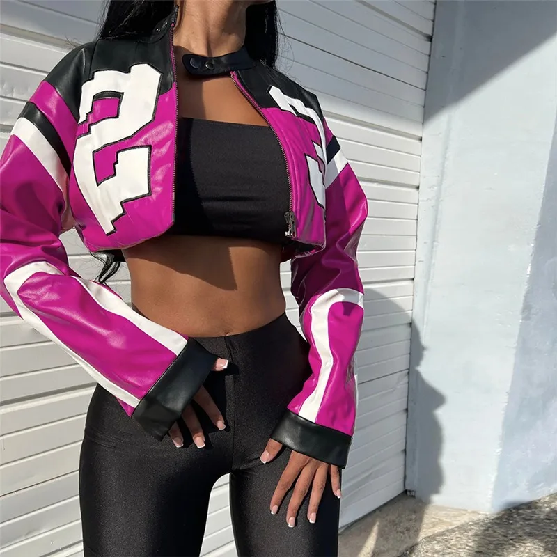 Women Crop Coat New Streetwear Fashion Letter Print Autumn Casual Sporty Wild Clothing Uniform Trend Female Faux Leather Jacket - Image 3