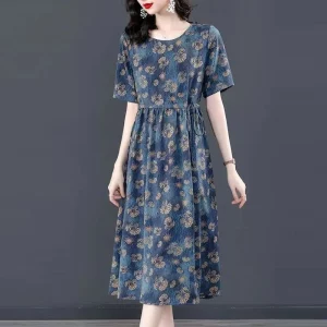 Elegant Ice Silk Dress For Women Loose-fit Long Sleeve Summer Fashion 2023 New Style Mid-age Mother Floral Skirt