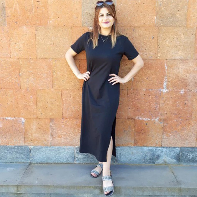 Summer Korean Style Midi Dress Women Casual Black Long Dresses Short Sleeve Sexy Plus Size Side Open Party Maxi T Shirt Dress - Image 2