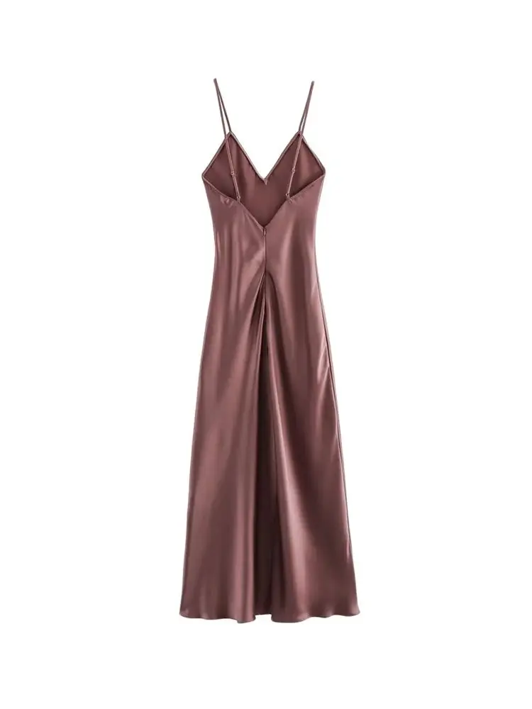 TRZA-Women's Satin Midi Dress, V Neck, Thin Straps, Backless, Female Dresses, Sexy Fashion - Image 3