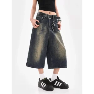 Plus Size American Retro Distressed Wide Leg Seven-Foot Women's Shorts Summer High Street Design Sense Loose Fit Jeans Shorts