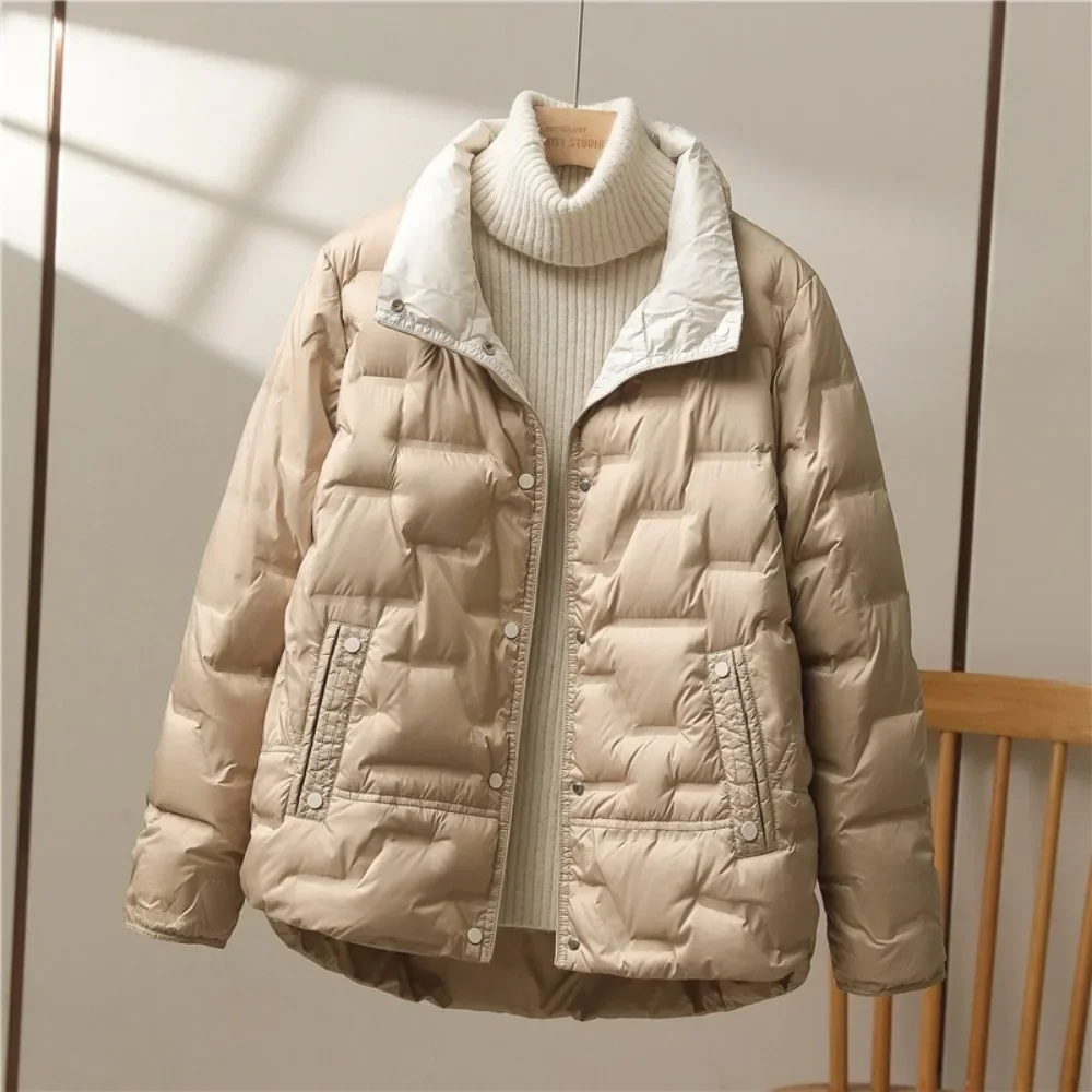 Autumn Winter Women White Duck Down Coat Casual Lapel Single Breasted Jacket Fashion Light Puffer Parka Outwear - Image 3
