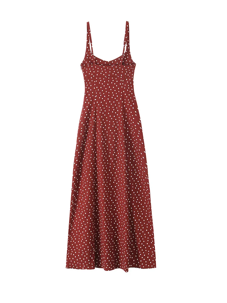 TFMLN 2025 Women Slit Sling Dress Casual Retro French Style Dot Printed Spaghetti Strap Midi Dress Female Fashion Summer New - Image 3