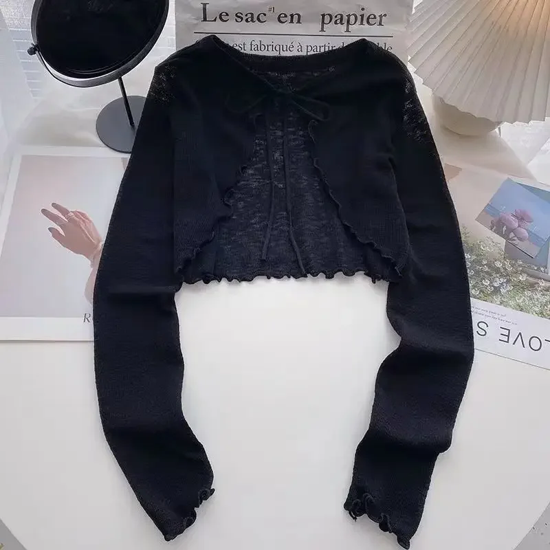 Summer Sun Protection Ice Silk Knitted Short Cardigan Women's Outerwear with Strap Vest Thin Air Conditioner Shirt Coat - Image 4