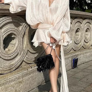 GALCAUR Solid Loose Splicd Lace Up Dresses For Women V Neck Long Sleeves Patchwork Ruffles Tunic Dreses Female Fashio New