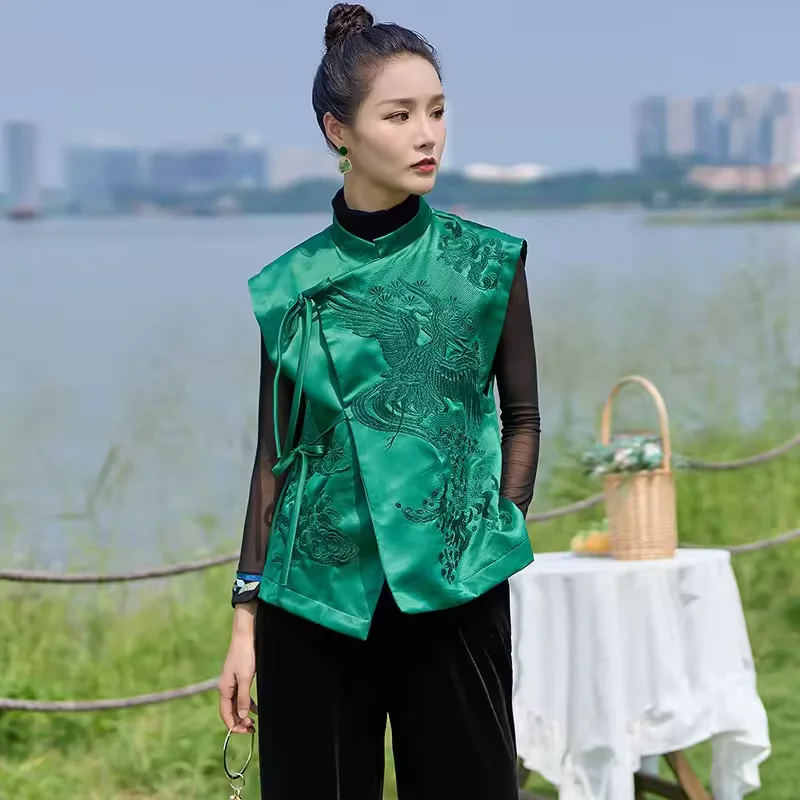 Chinese Style Outerwear Vest White Crane/Flowers Embroidered Lacing Vests Vintage Spring And Summer Elegant Women's Clothing - Image 3