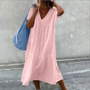 2025 Solid Color Cotton Linen Midi Dresses Women Fashion Casual V-neck Short Sleeves Loose Dress Simple Style Lady Commuting
